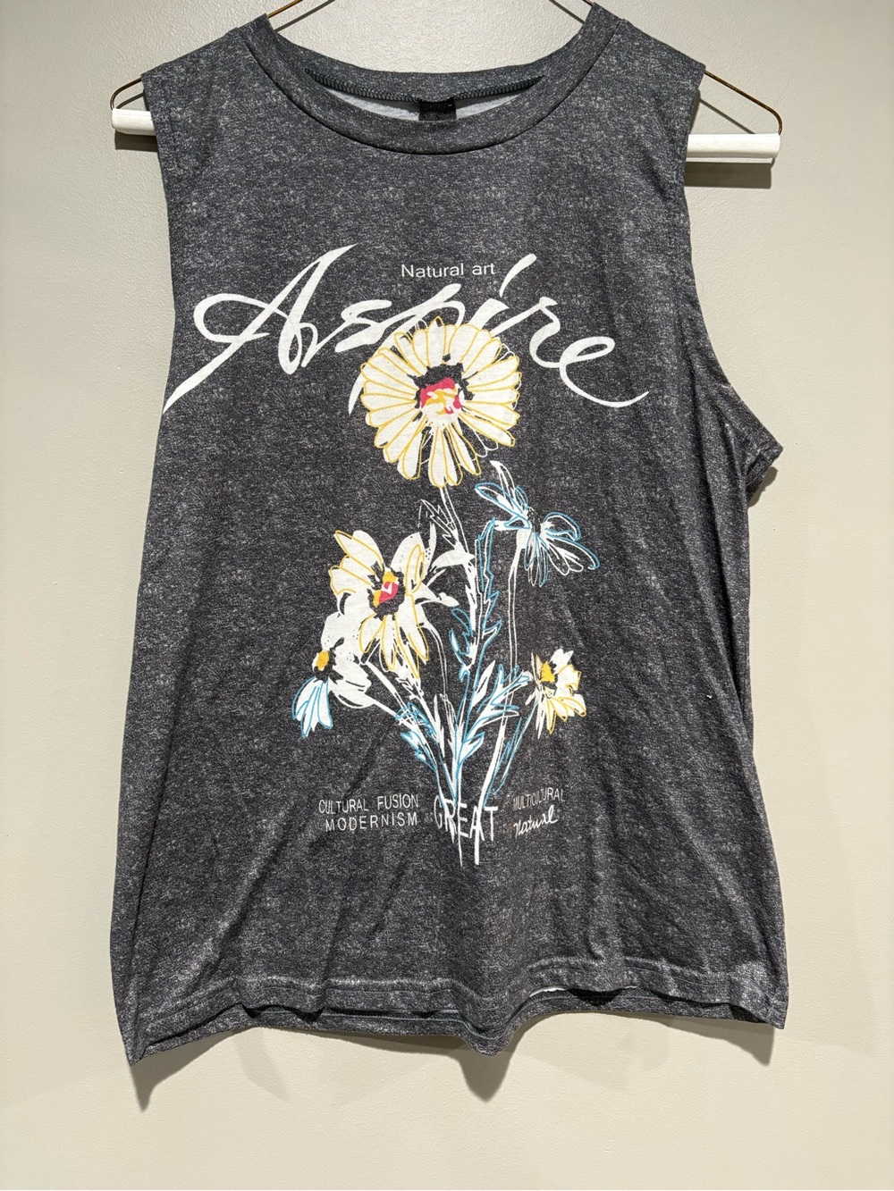 Floral Graphic Sleeveless Tank Top - Dark Heather Gray with Yellow Flowers